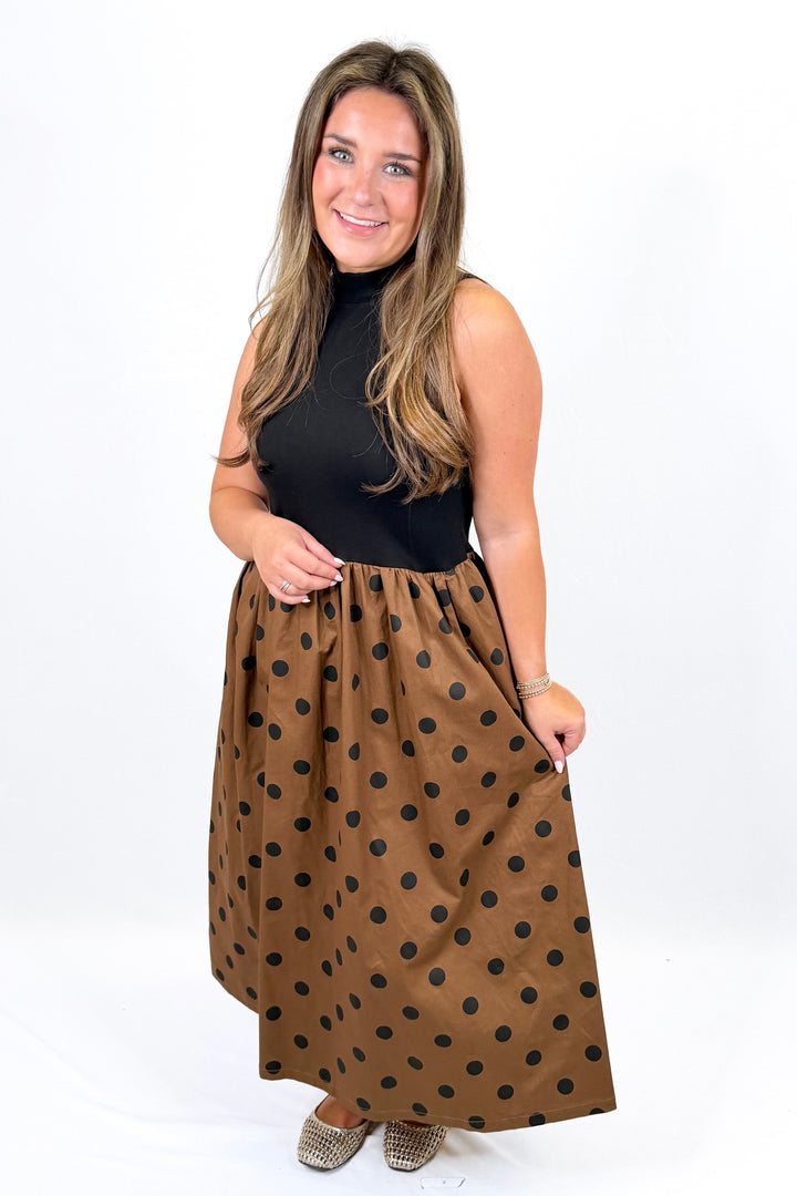 BROWN & BLACK POLKA DOT SLEEVELESS DRESS