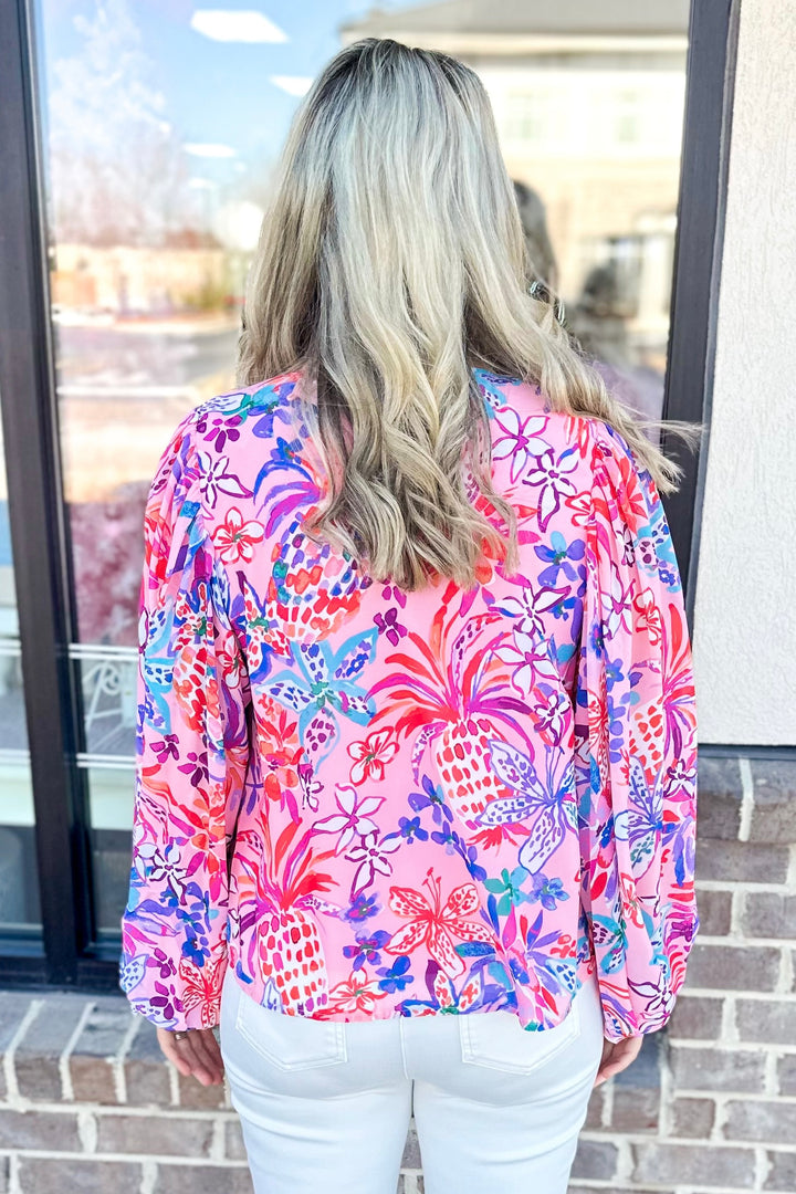 FUCHSIA MULTI FLORAL LONG SLEEVE TOP