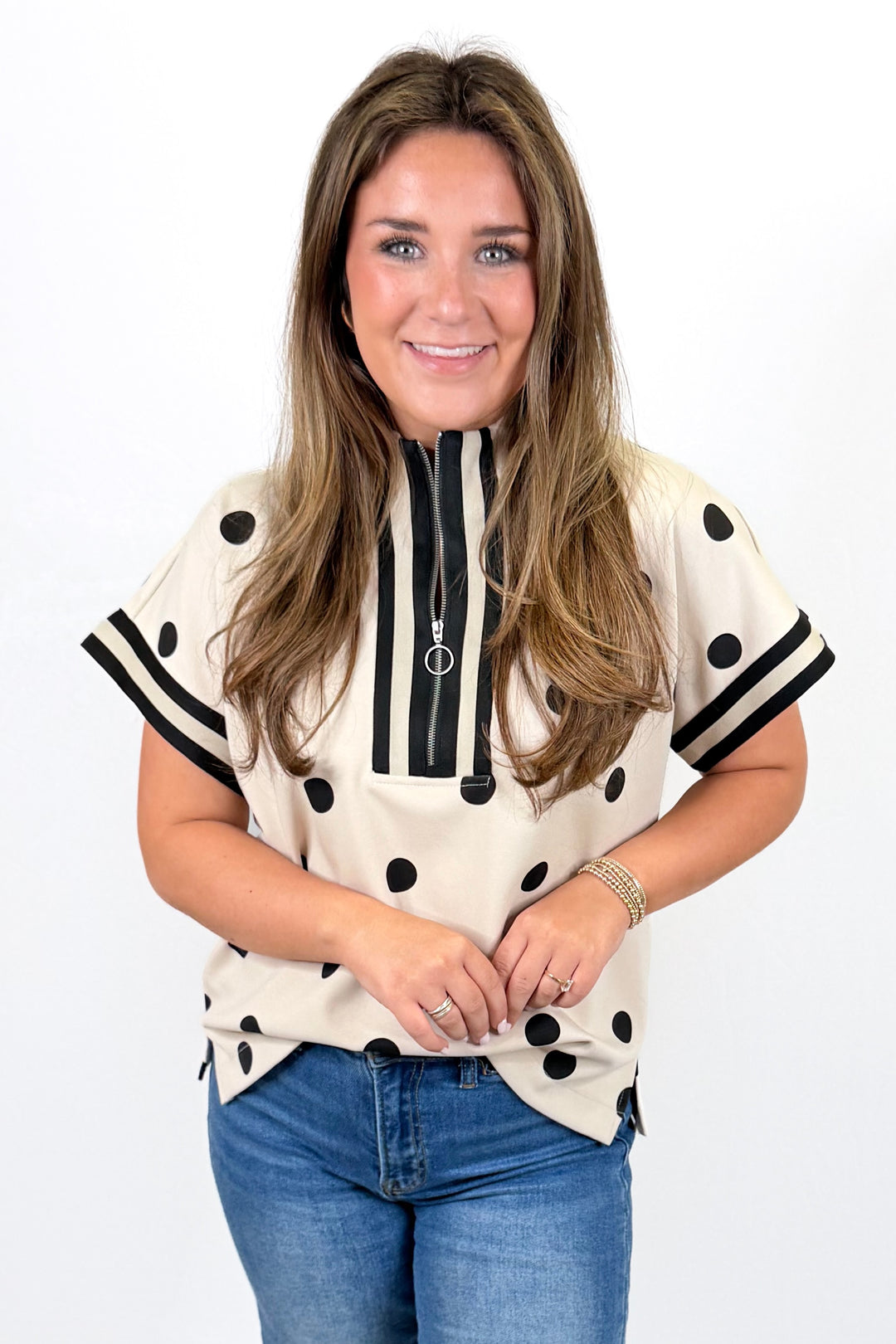 CREAM & BLACK POLKA DOT ZIP FRONT TOP