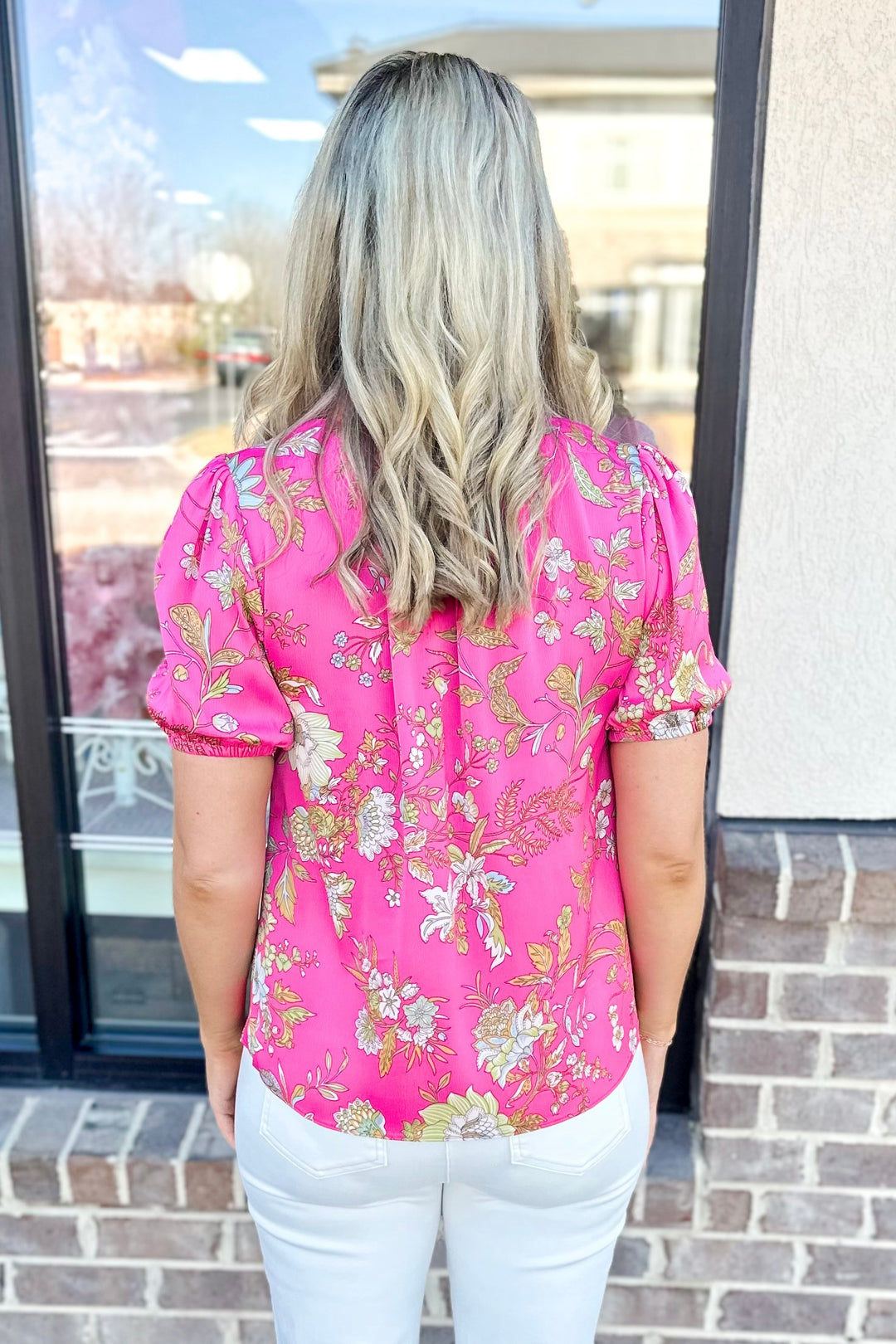 FUCHSIA FLORAL SATIN VNECK TOP