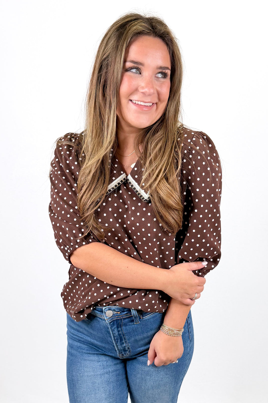 BROWN POLKA DOT PETER PAN COLLAR TOP