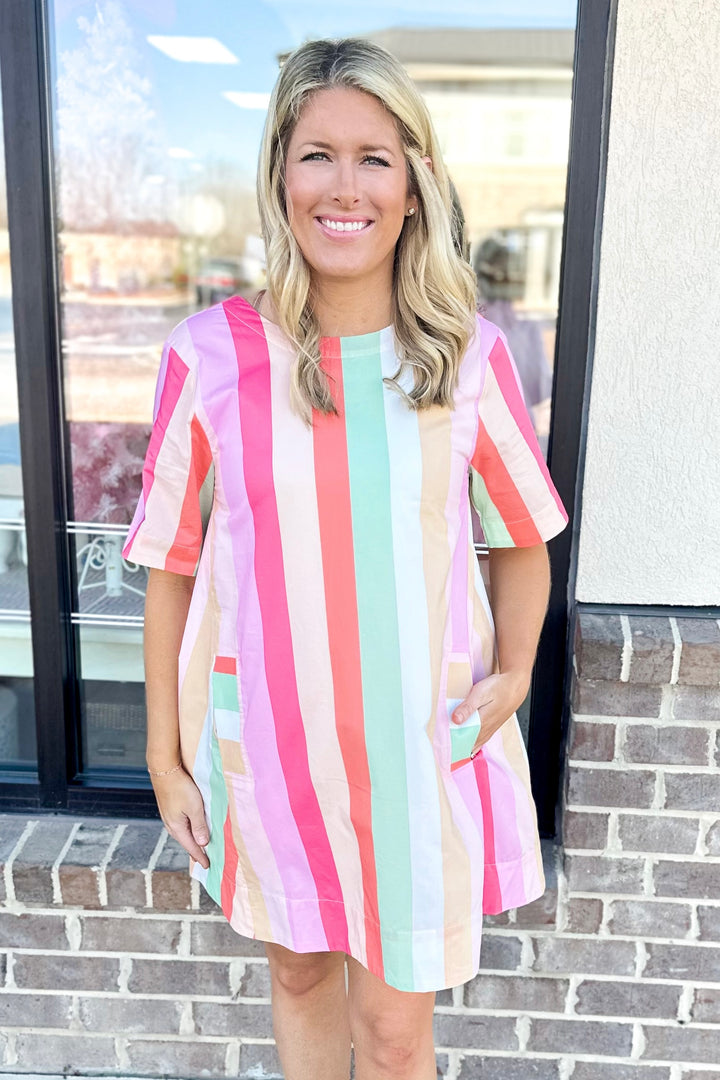 PINK MULTI COLOR STRIPE SWING DRESS