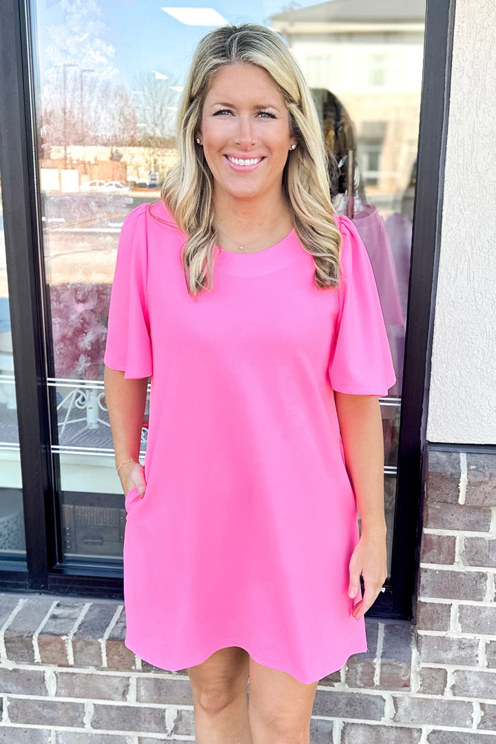 PINK FLUTTER SLEEVE DRESS