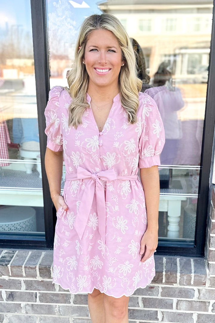 PINK FLORAL EMBROIDERED VNECK DRESS