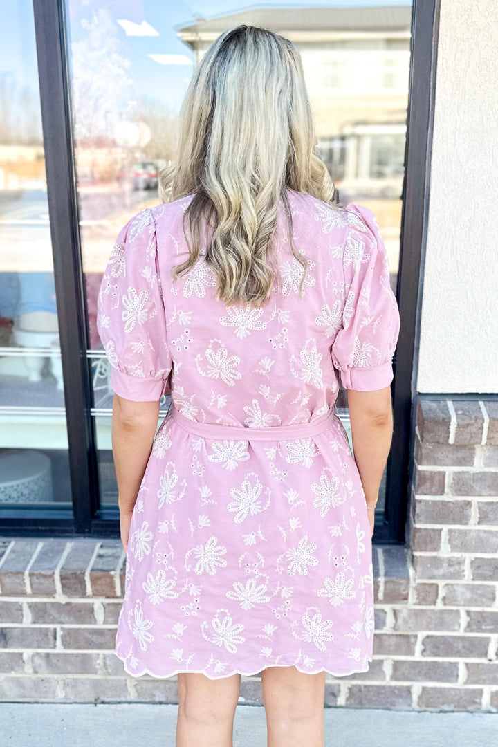 PINK FLORAL EMBROIDERED VNECK DRESS