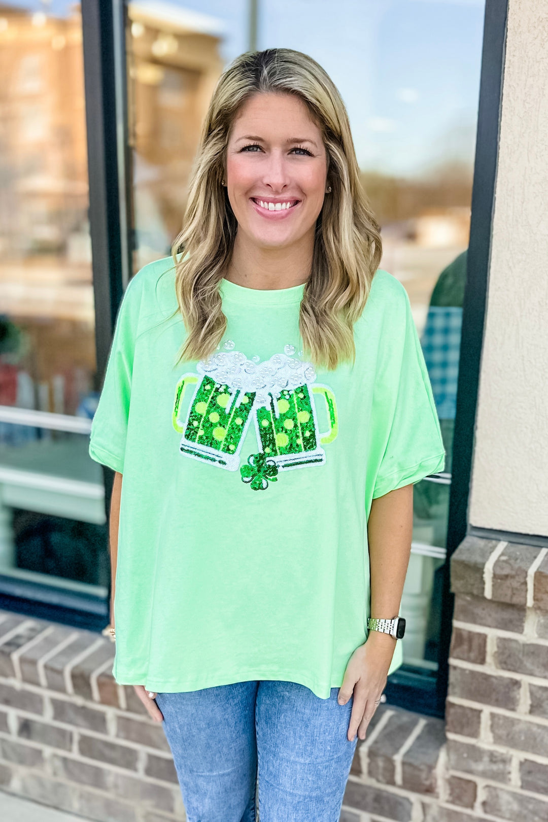 LIGHT GREEN SEQUIN ST. PATRICK'S DAY BREW TEE