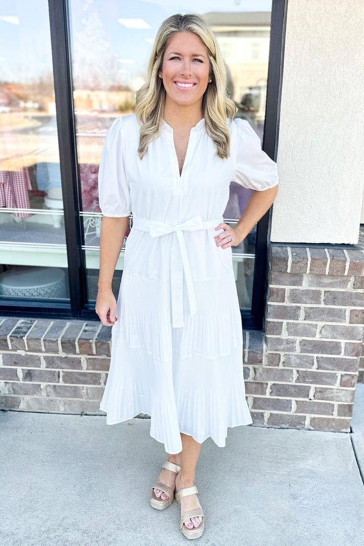 WHITE MICRO PLEATED VNECK MIDI DRESS