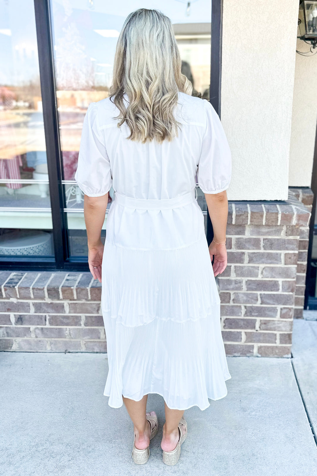 WHITE MICRO PLEATED VNECK MIDI DRESS