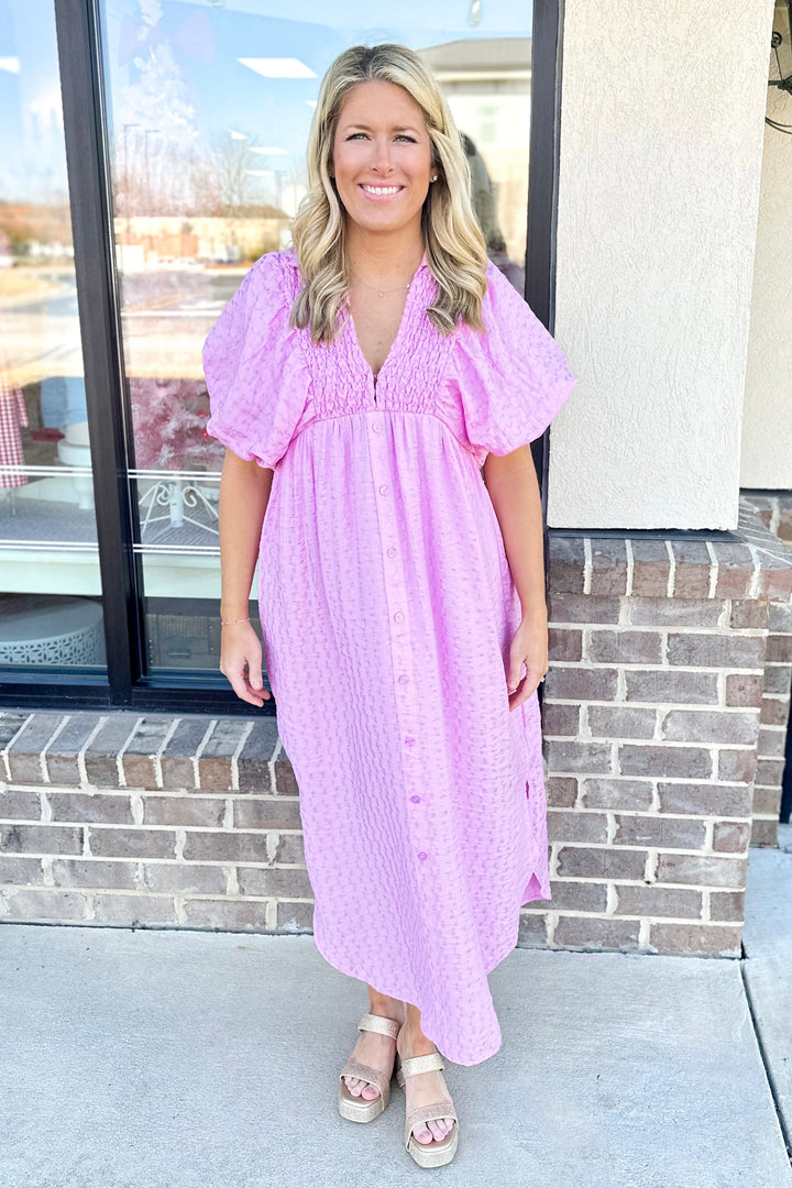 PINK PUFF SLEEVE TEXTURED CURVED HEM MIDI DRESS