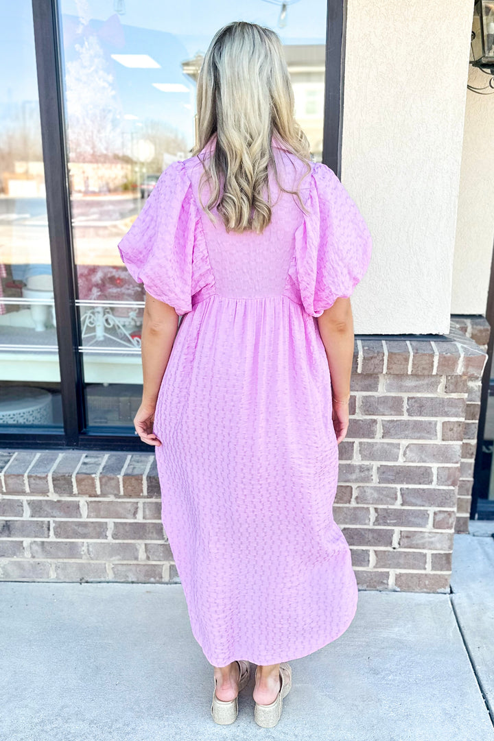 PINK PUFF SLEEVE TEXTURED CURVED HEM MIDI DRESS