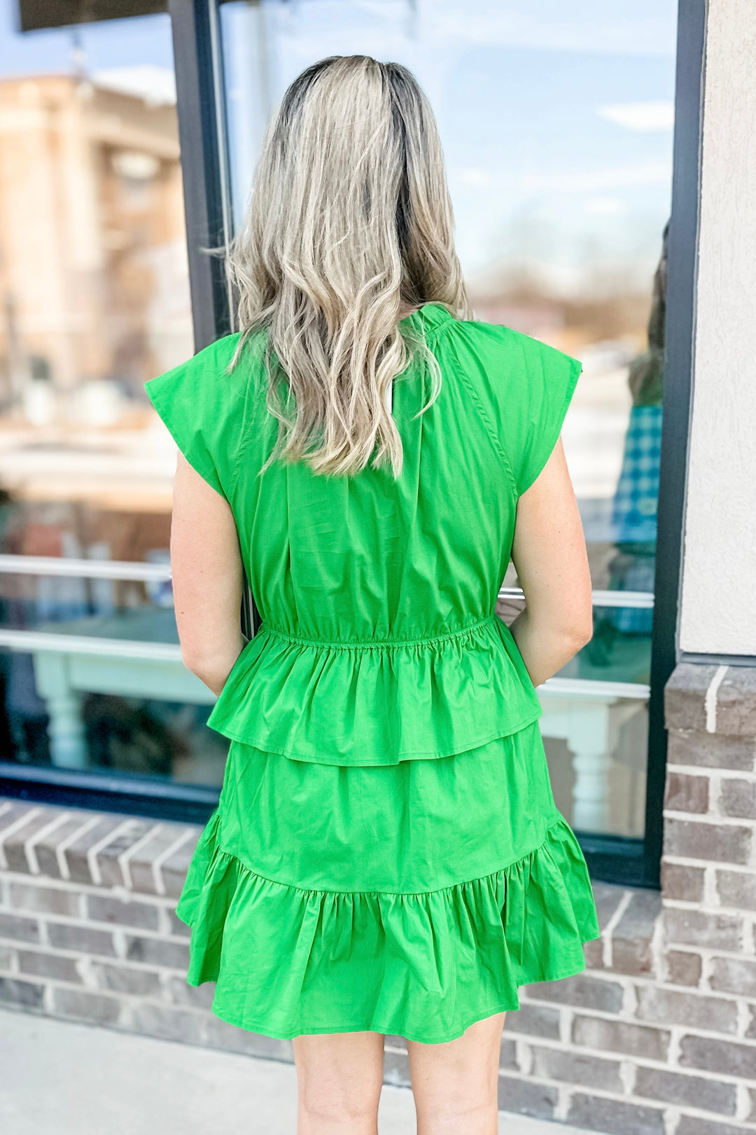 KELLY GREEN RUFFLE FIT & FLARE DRESS