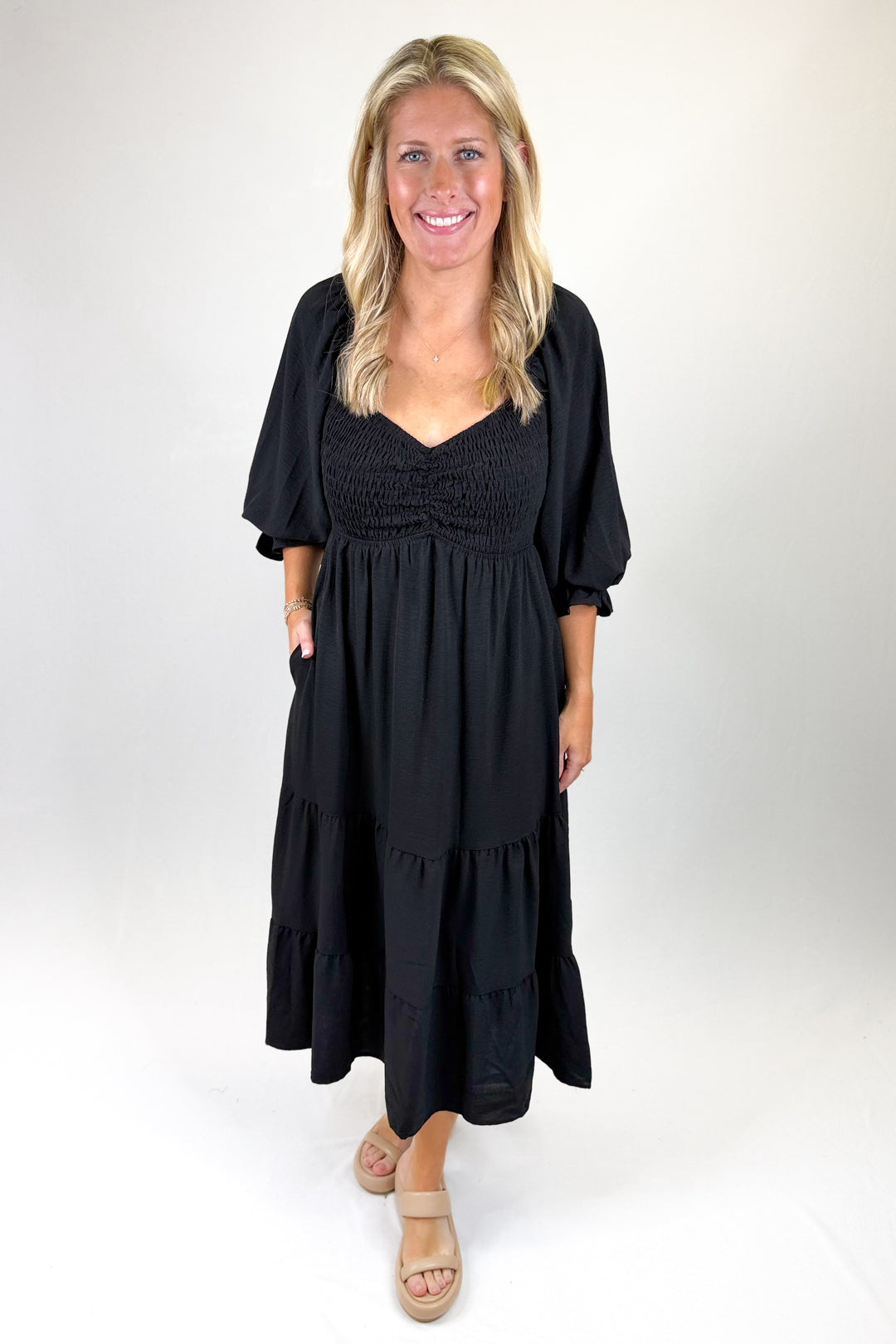 BLACK VNECK SMOCKED BABYDOLL MIDI DRESS Walker Boutique BLACK VNECK SMOCKED BABYDOLL MIDI DRESS Walker Boutique