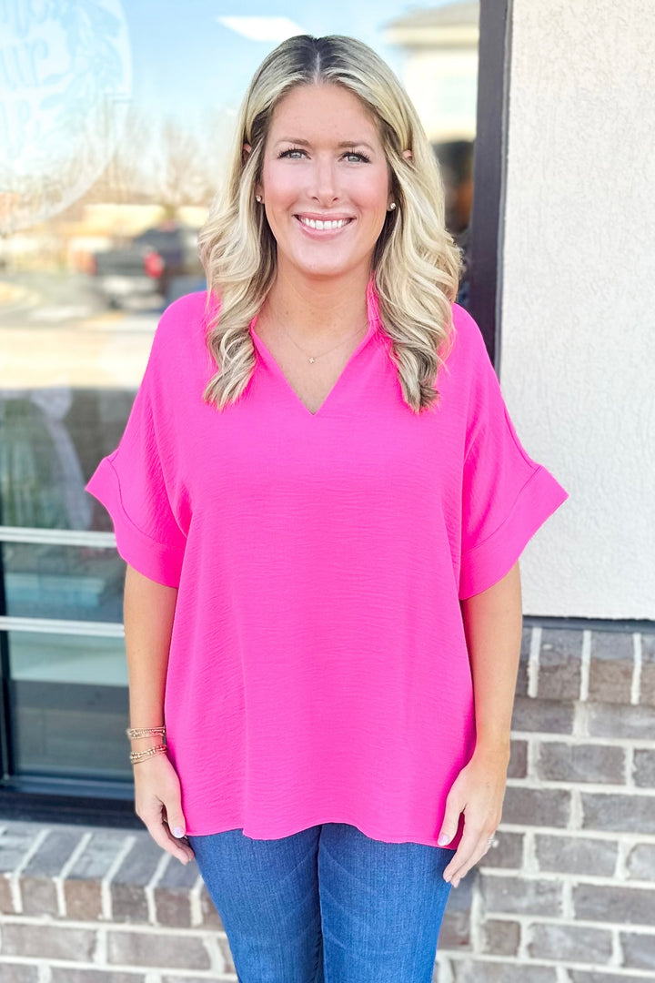 PINK FRILL VNECK TUNIC TOP