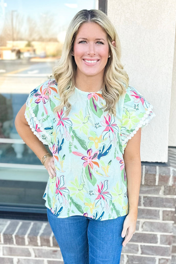 MINT FLORAL RIC RAC TRIM TOP