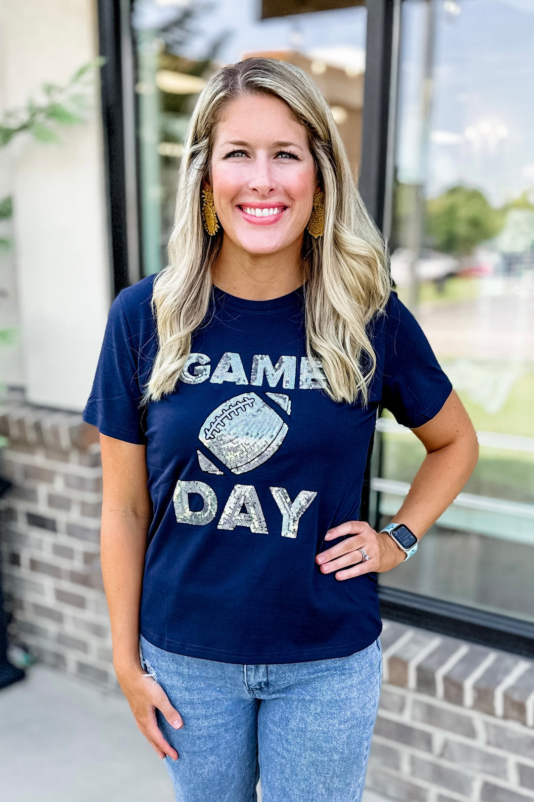 NAVY & SILVER SEQUIN GAME DAY FOOTBALL TEE