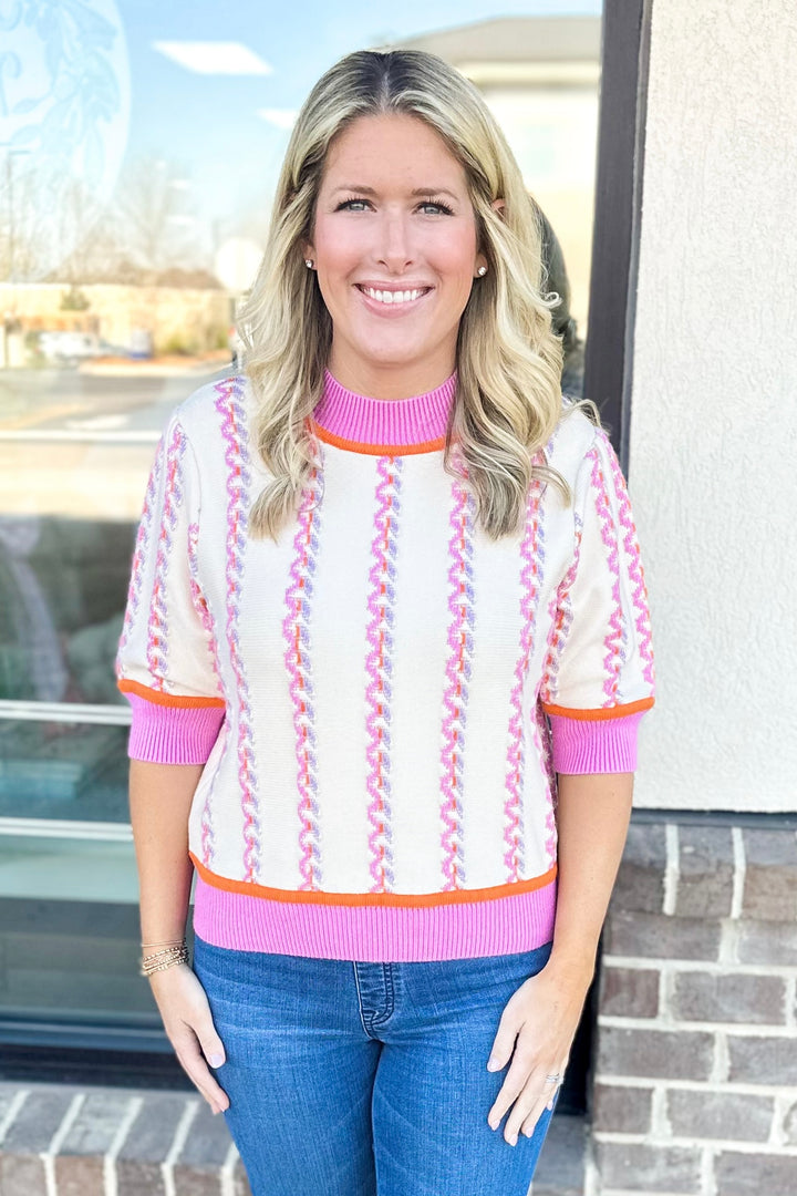 PINK & CREAM STRIPE SHORT SLEEVE SWEATER