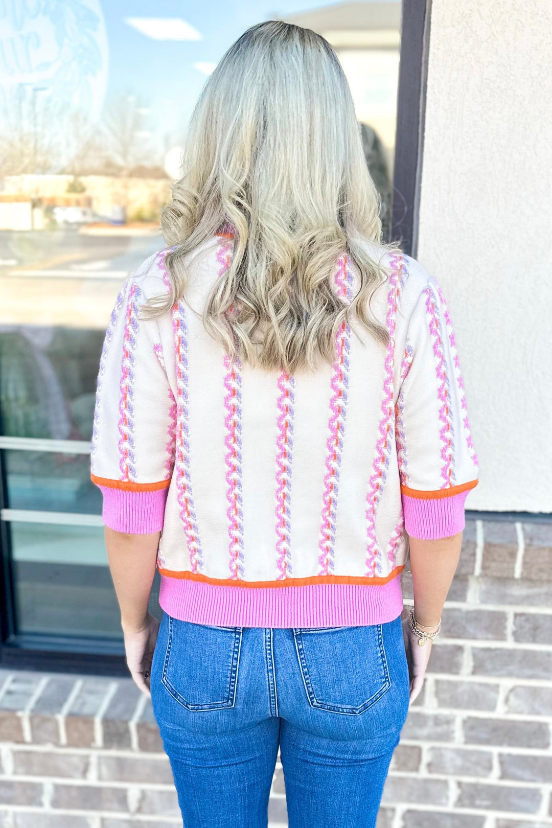 PINK & CREAM STRIPE SHORT SLEEVE SWEATER