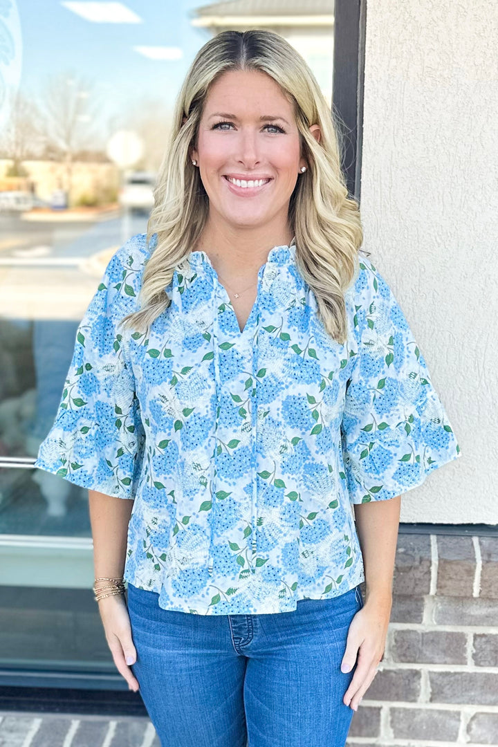 BLUE FLORAL EMBROIDERED 3/4 RUFFLE SLEEVE TOP