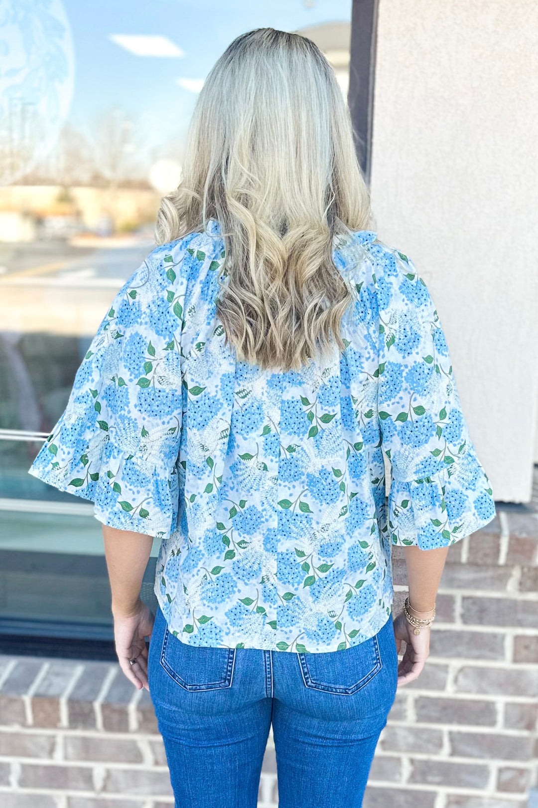 BLUE FLORAL EMBROIDERED 3/4 RUFFLE SLEEVE TOP