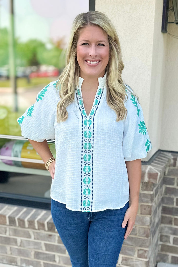 WHITE TEXTURED TEAL EMBROIDERED TOP