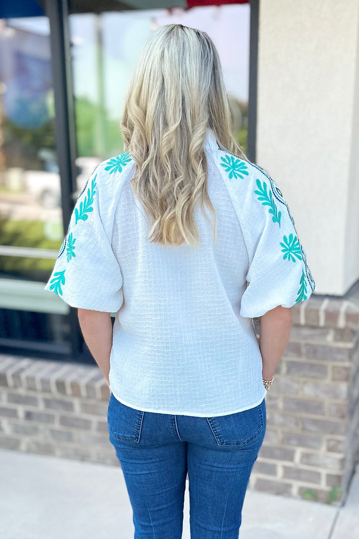 WHITE TEXTURED TEAL EMBROIDERED TOP