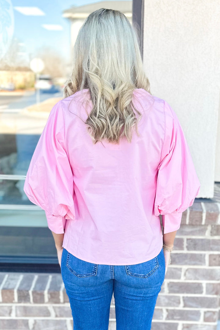 PINK VNECK 3/4 SLEEVE TOP