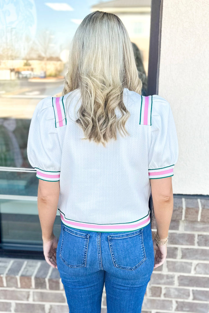 WHITE TEXTURED PINK & GREEN STRIPE DETAIL TOP