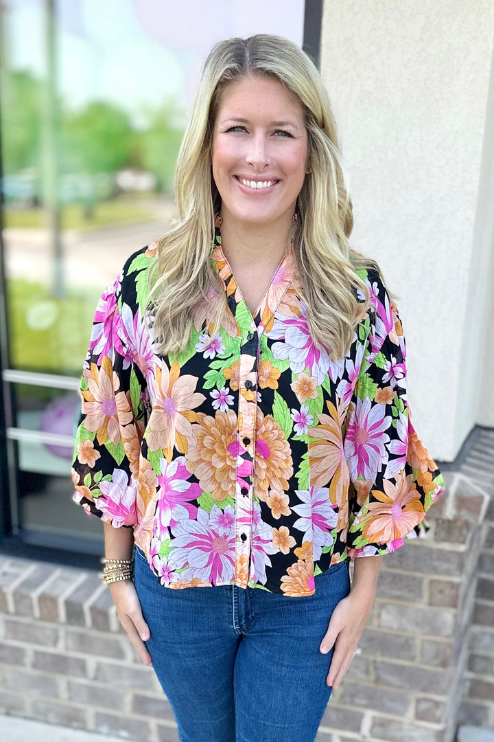 BLACK MULTI FLORAL COTTON BUBBLE SLEEVE TOP