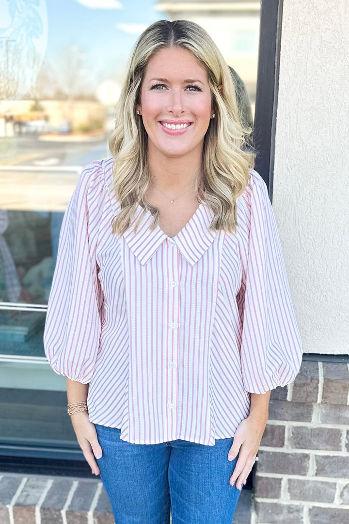 PINK STRIPE VNECK PETER PAN COLLAR TOP