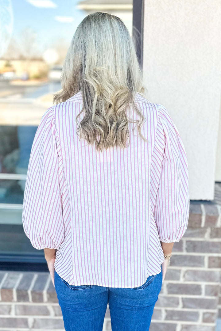 PINK STRIPE VNECK PETER PAN COLLAR TOP