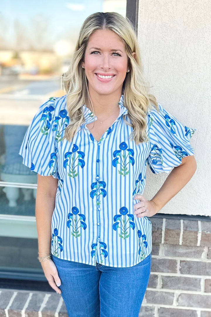 BLUE BLOCK PRINT FLORAL STRIPE TOP