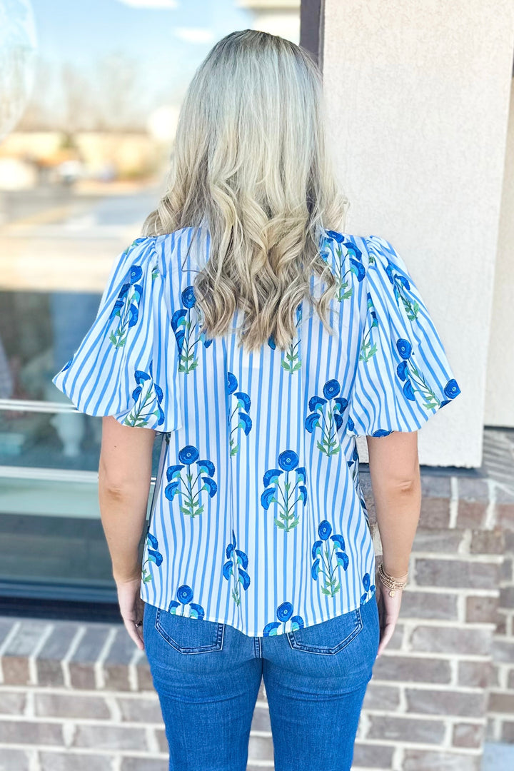 BLUE BLOCK PRINT FLORAL STRIPE TOP