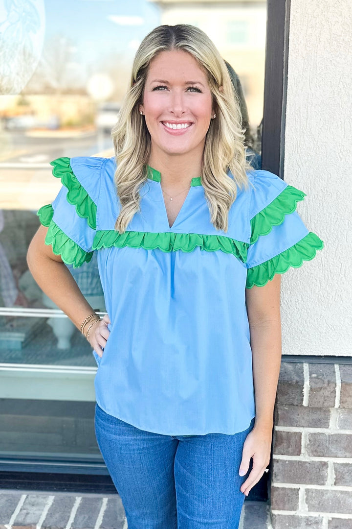 BLUE & GREEN SCALLOP TRIM TOP