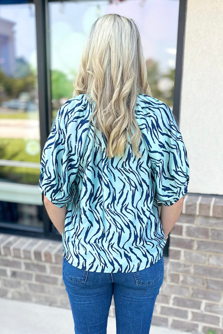 NAVY & AQUA PRINTED SATIN TOP