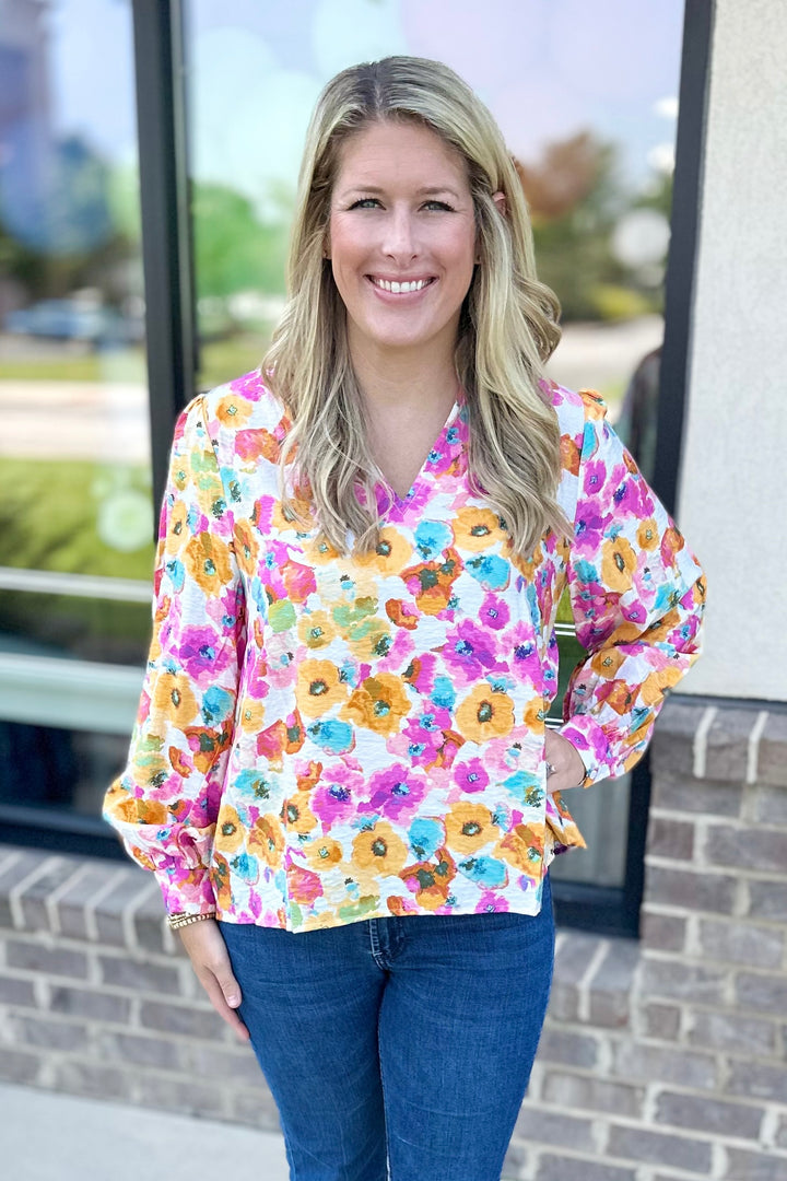 LAVENDER MULTI RUFFLE STANDING COLLAR VNECK TOP