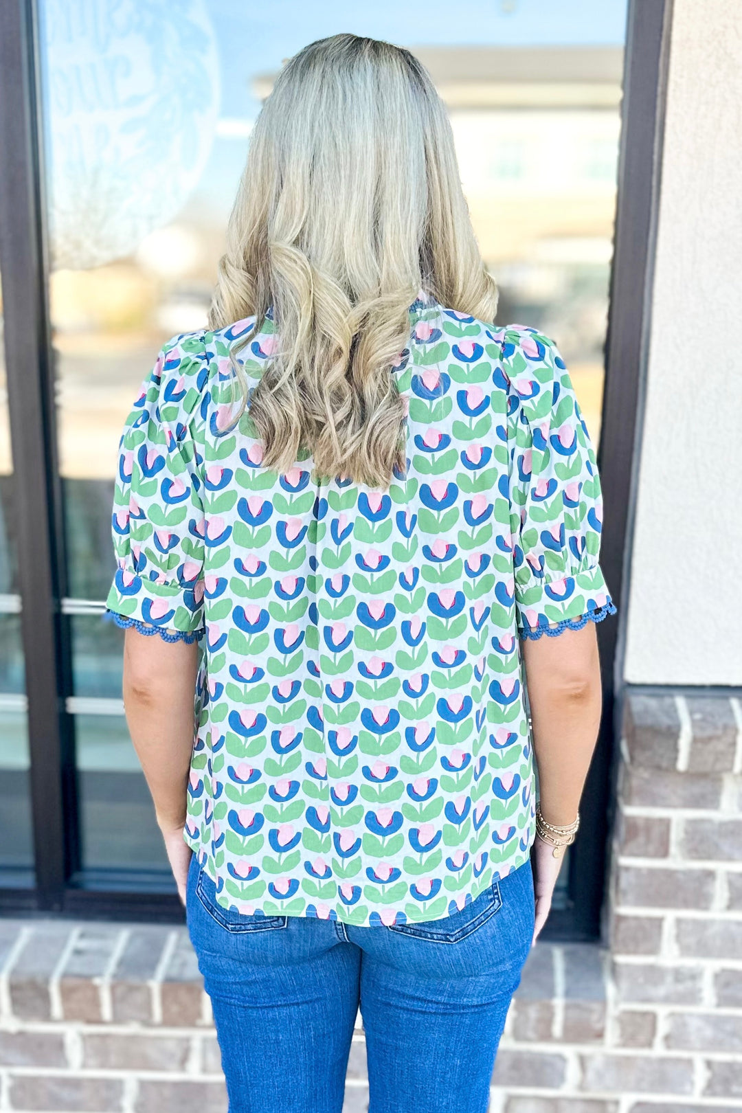 GREEN, BLUE, PINK PRINTED PLEATED DETAIL TOP