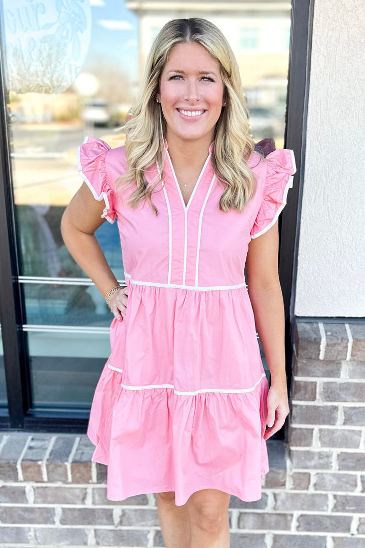 PINK CONTRAST PIPING TIERED DRESS