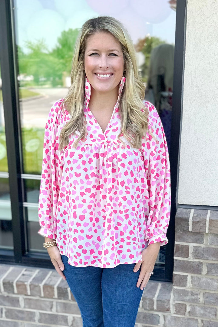 PINK & RED SPOTTED HIGH RUFFLE COLLAR TOP