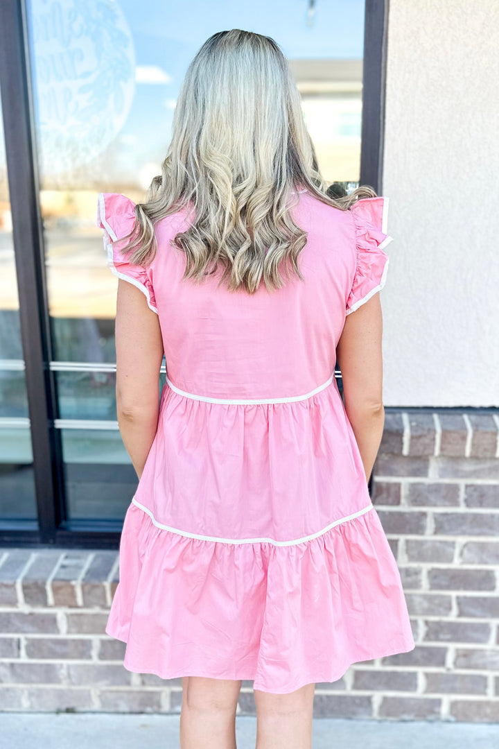 PINK CONTRAST PIPING TIERED DRESS