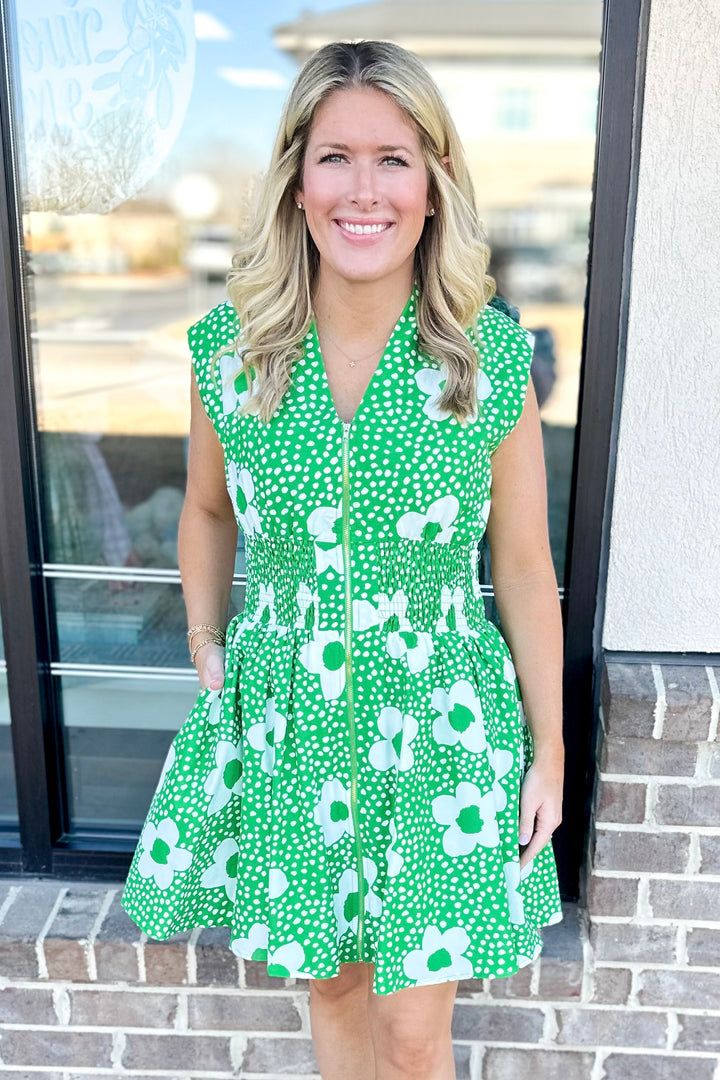 GREEN FLORAL SMOCKED WAIST ZIP FRONT DRESS