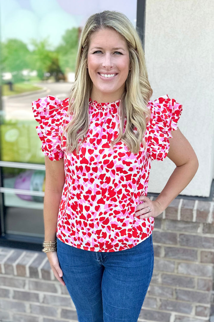 PINK & RED SPOTTED RUFFLE SHOULDER TOP