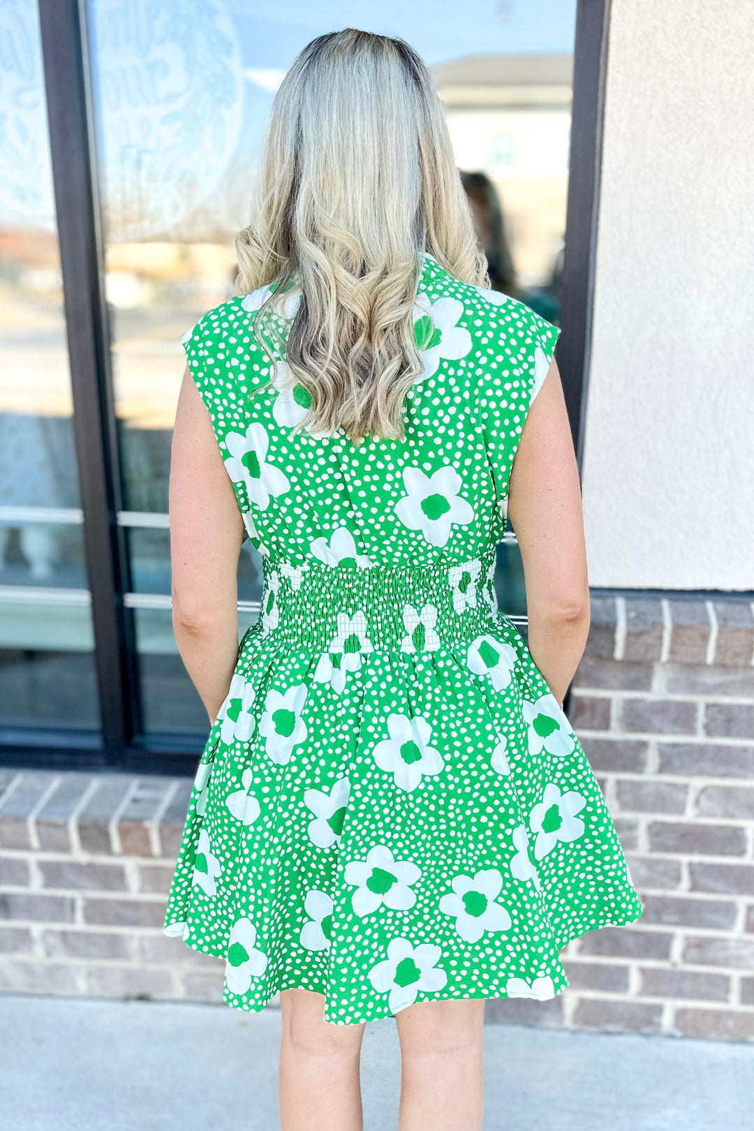 GREEN FLORAL SMOCKED WAIST ZIP FRONT DRESS