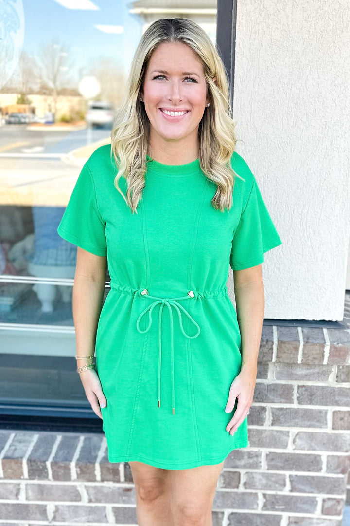 GREEN SHORT SLEEVE DRAWSTRING WAIST DRESS