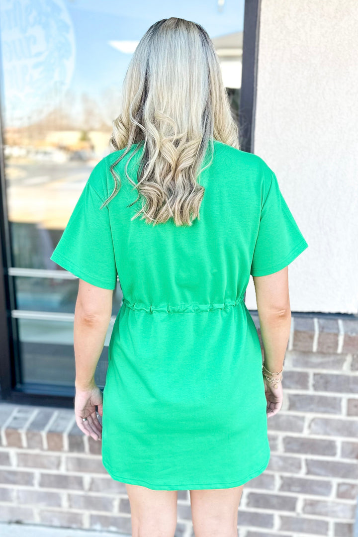 GREEN SHORT SLEEVE DRAWSTRING WAIST DRESS