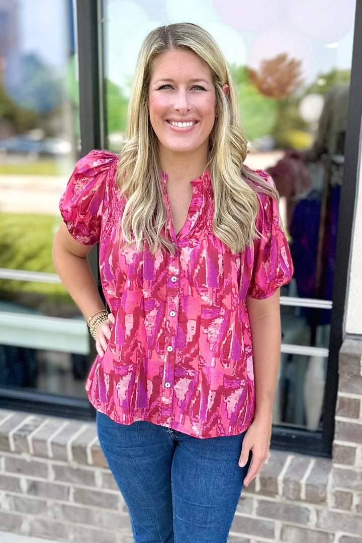 PINK & BURGUNDY WATER COLOR SMOCKED TOP