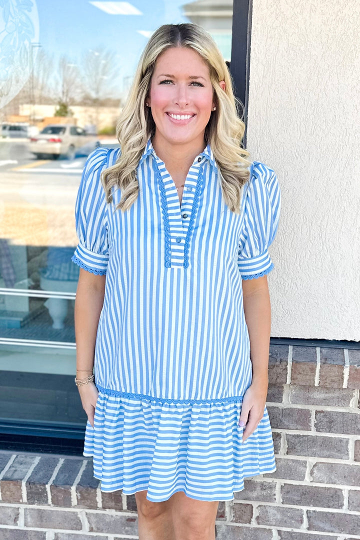 BLUE STRIPE SCALLOP LACE TRIM DRESS