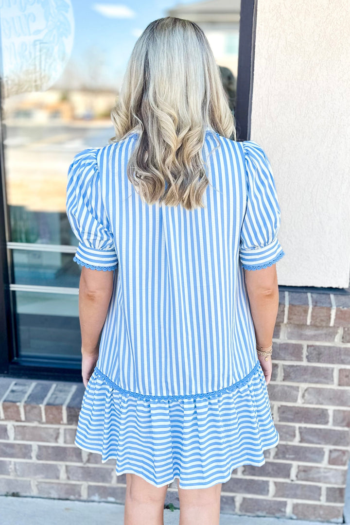 BLUE STRIPE SCALLOP LACE TRIM DRESS