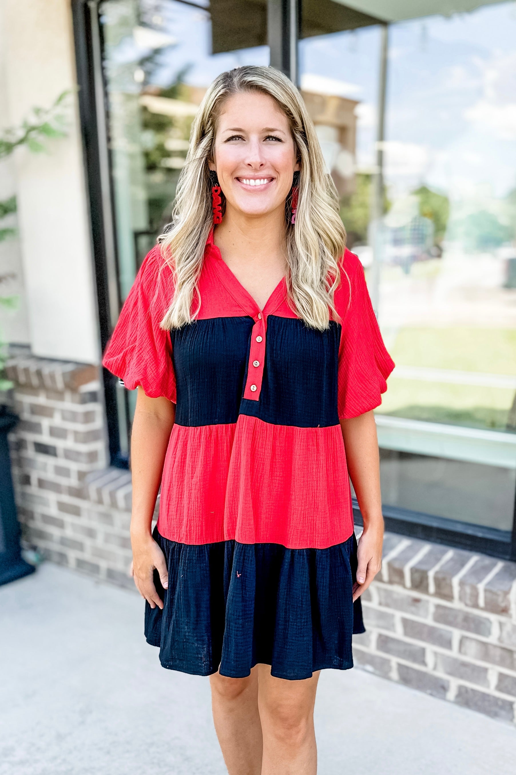 Red and black hot sale color block dress