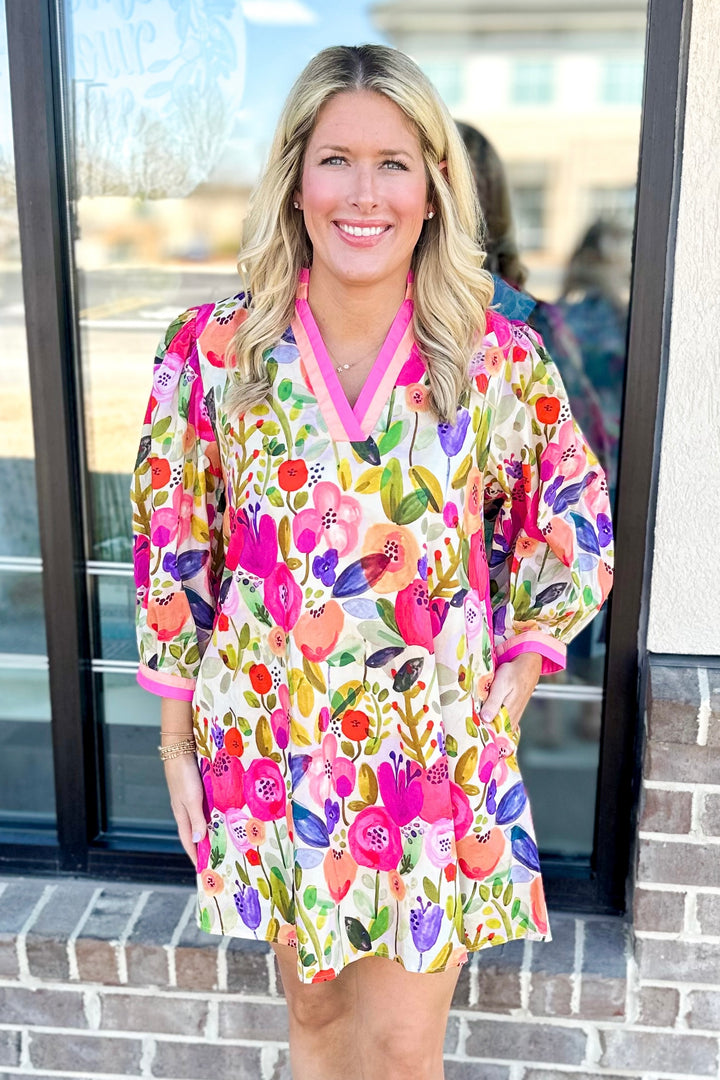 PINK MULTI ABSTRACT FLORAL STRIPE TRIM DRESS