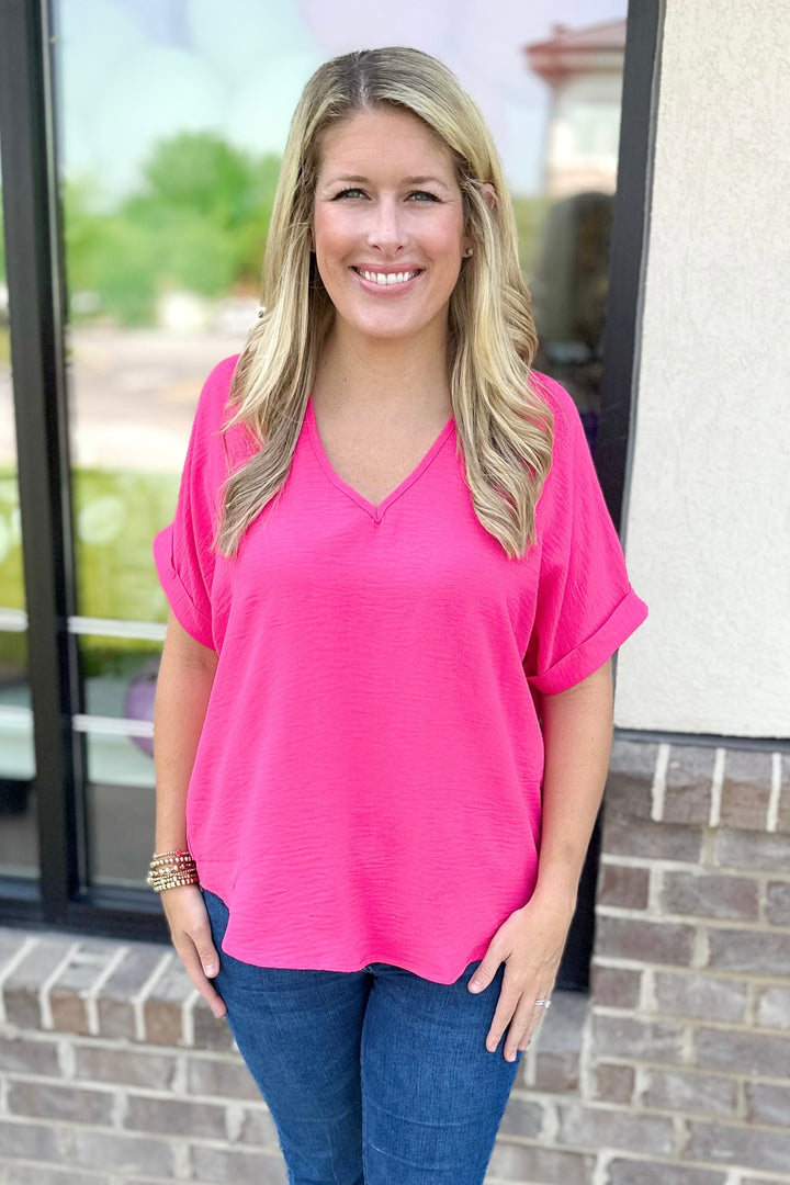 FUCHSIA FRILL VNECK TOP